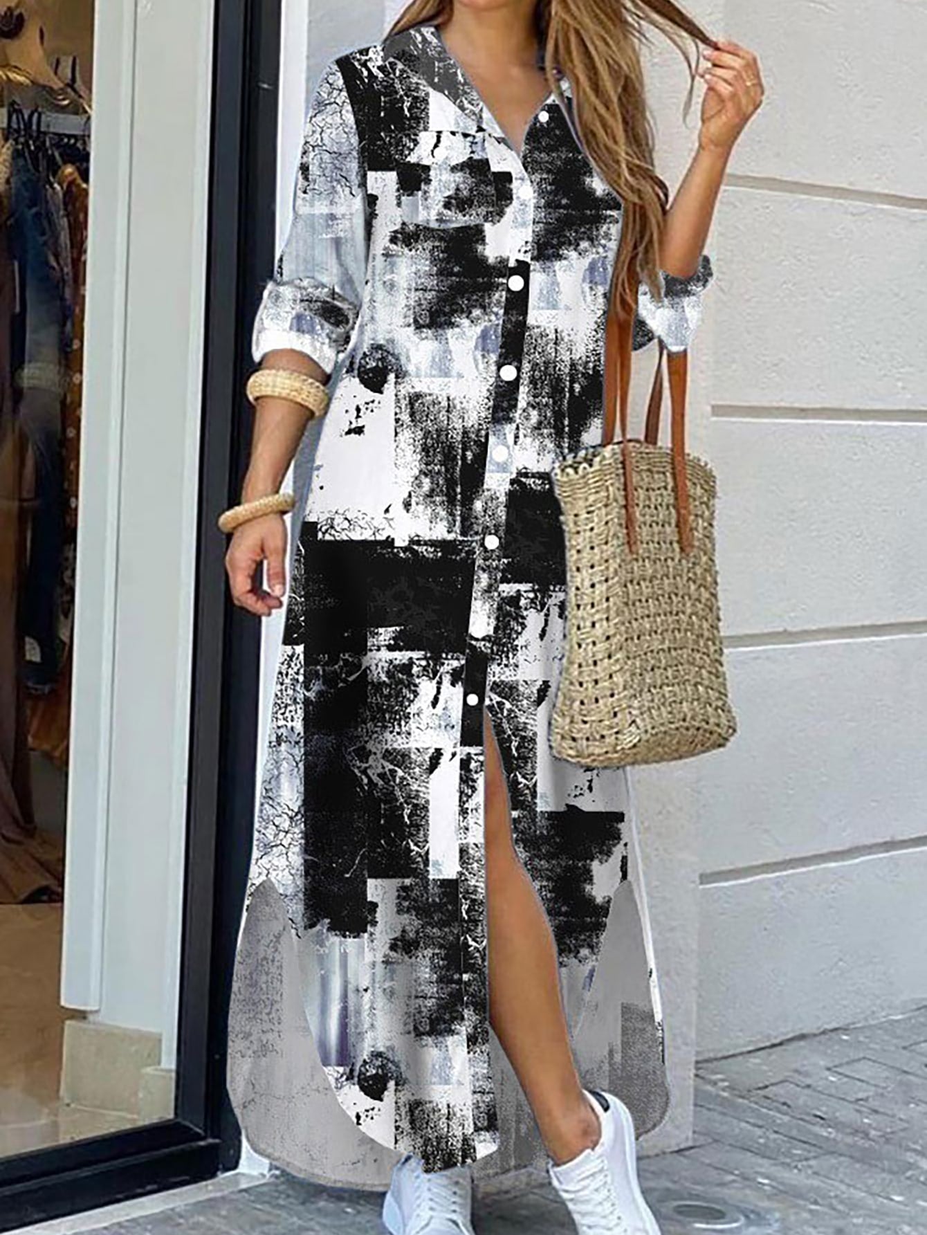 Vestido Camisa Solto Com Botão E Bolsos