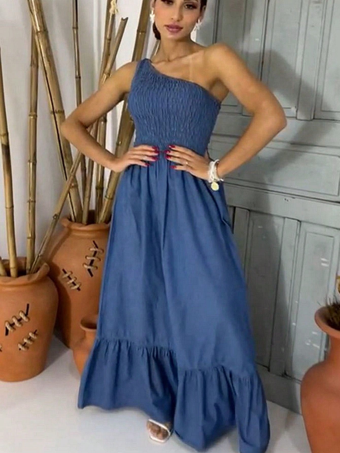 VESTIDO JEANS LONGO, OMBROS INCLINADOS