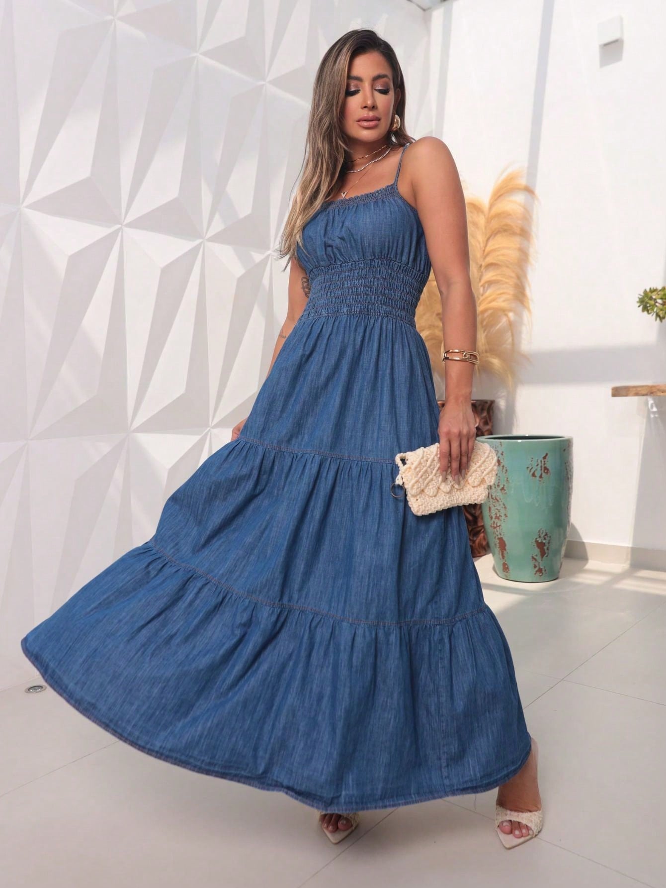 Vestido Jeans Longo De Alças finas Casual Com Lastex