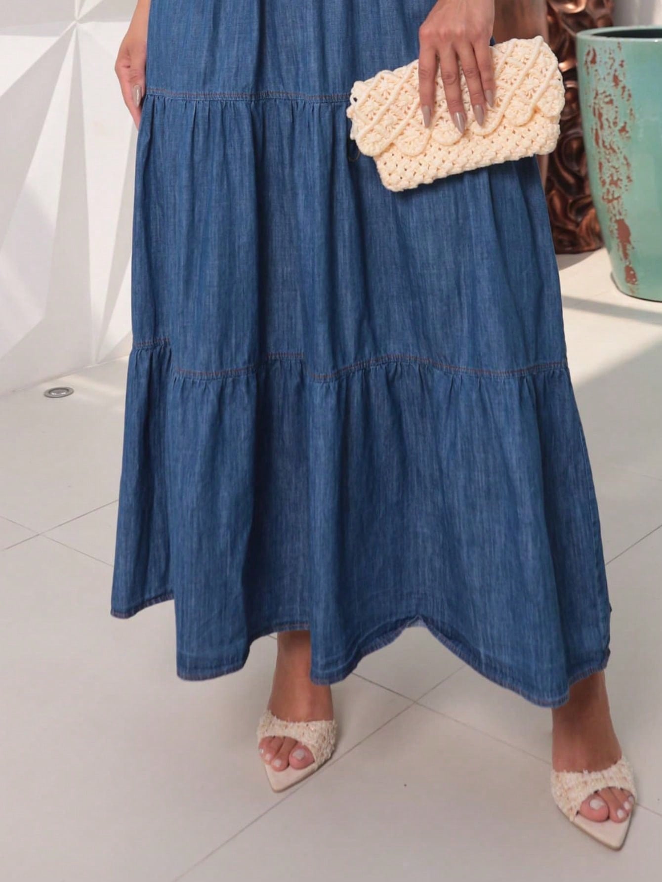 Vestido Jeans Longo De Alças finas Casual Com Lastex