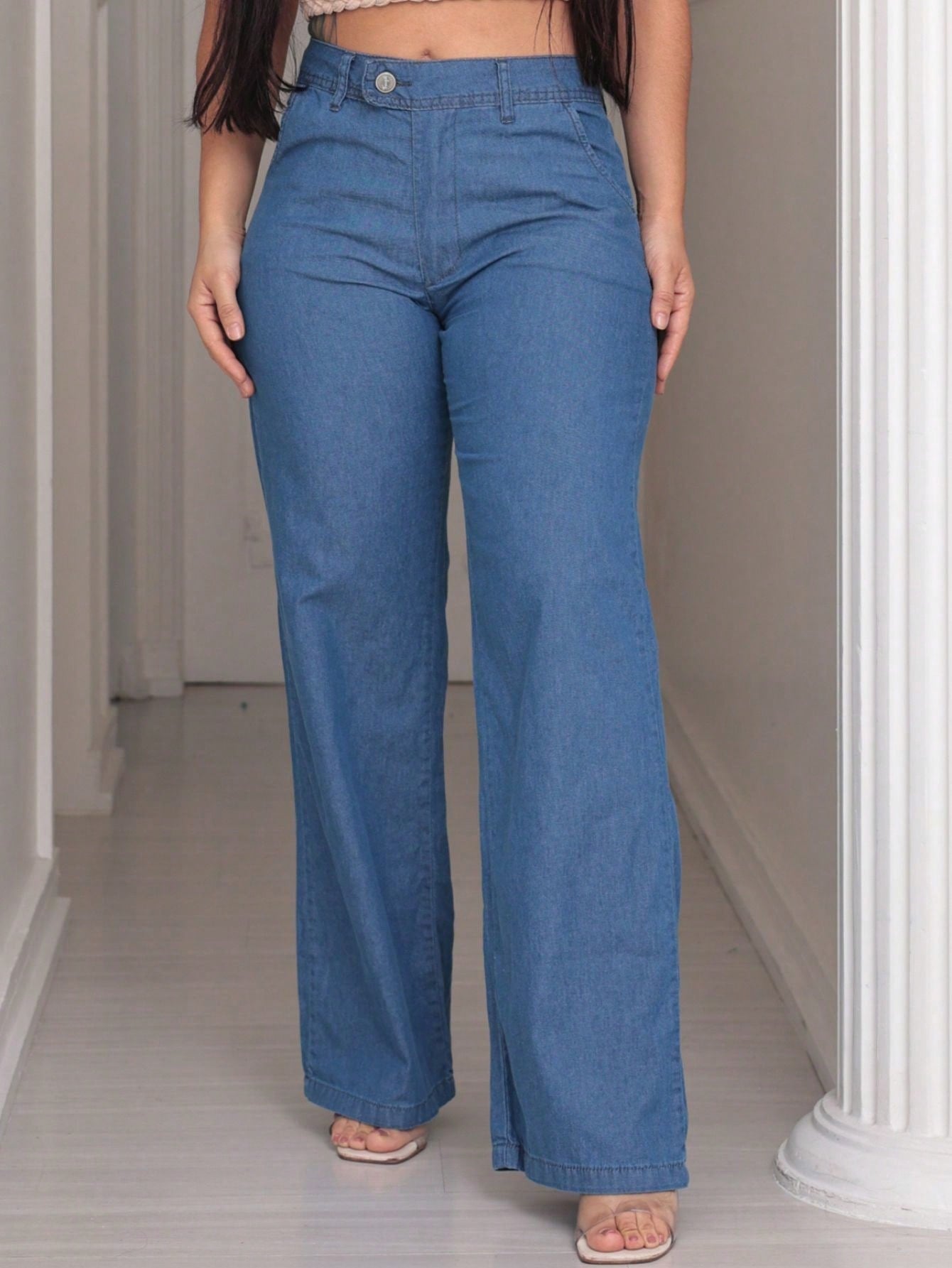 Jeans Calça Pantalona Social Cintura Alta Com bolso na frente e zíper