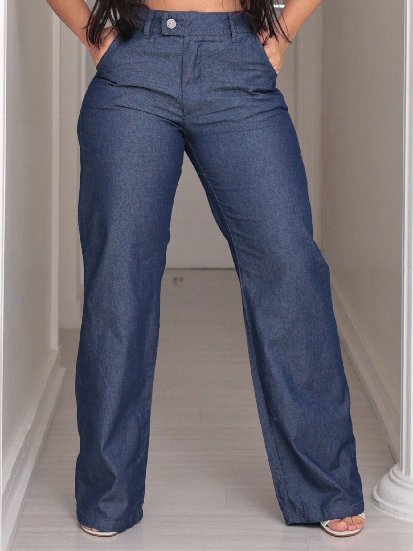 Jeans Calça Pantalona Social Cintura Alta Com bolso na frente e zíper