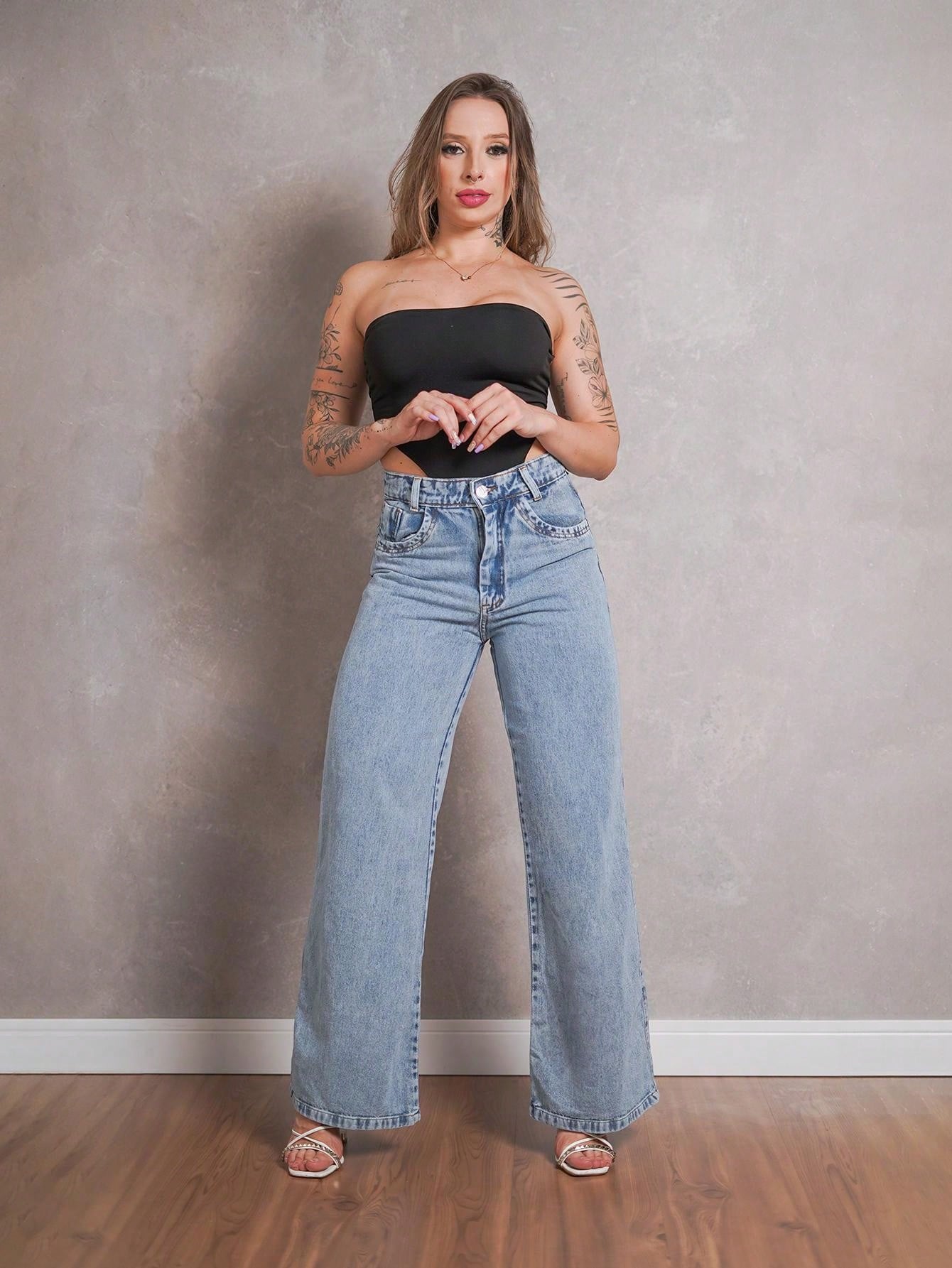 Calça Jeans Feminina Shein Wide Leg 100% Jeans Feminina Tecido Grosso Premium