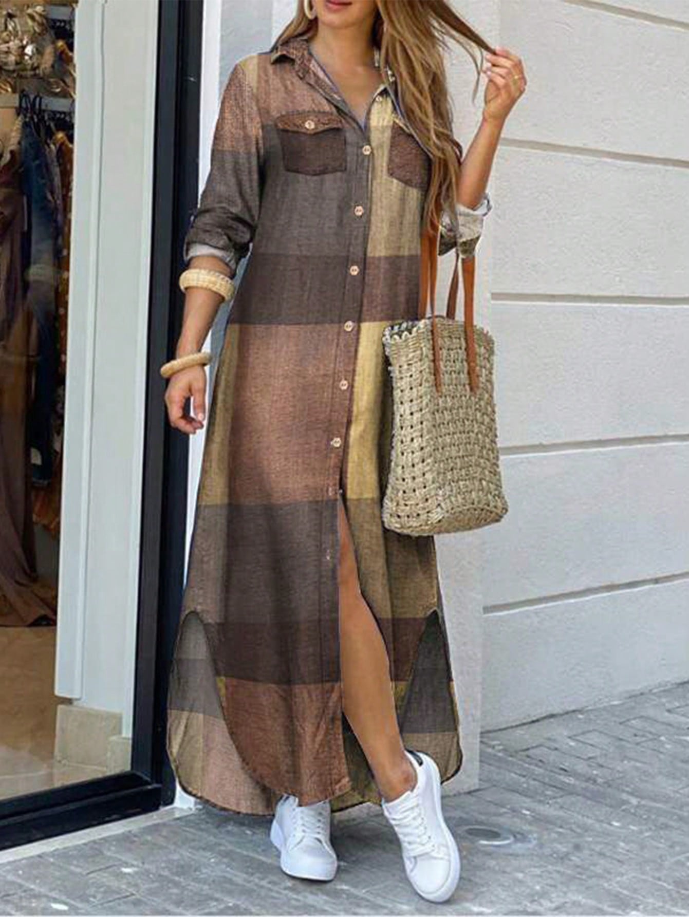 Vestido Camisa Solto Com Botão E Bolsos
