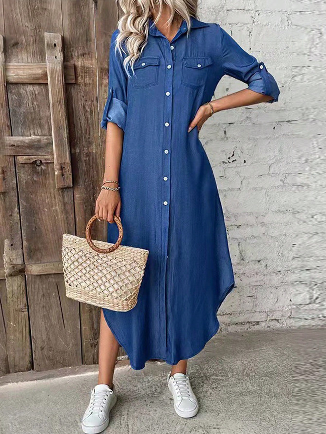 Vestido Camisa Solto Com Botão E Bolsos