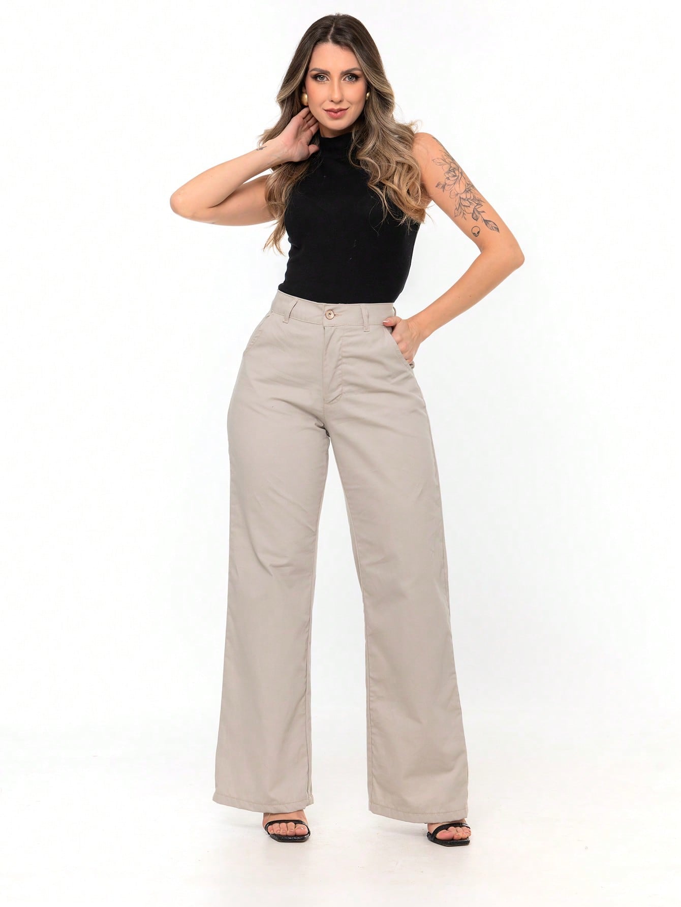 Jeans Calça Pantalona Social Cintura Alta Com bolso na frente e zíper