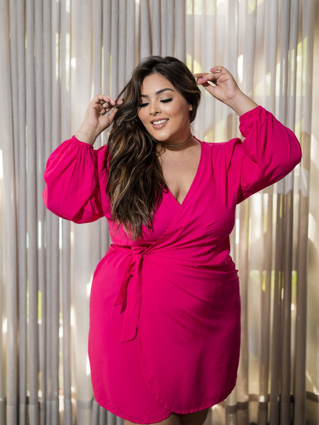 Vestido plus size manga comprida envelope amarração ajustável