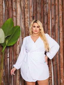 Vestido plus size manga comprida envelope amarração ajustável