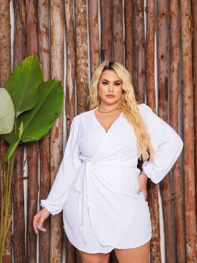 Vestido plus size manga comprida envelope amarração ajustável