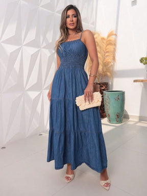 Vestido Jeans Longo De Alças finas Casual Com Lastex