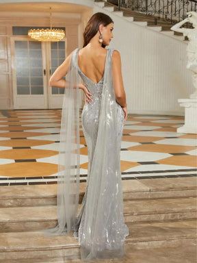 Vestido de Baile Com Decote Em V Com Lantejoulas E Manga Capa De Tule