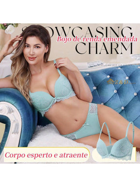 Lingerie Conjunto Com Aro Com Renda e Bojo Calcinha Tanga