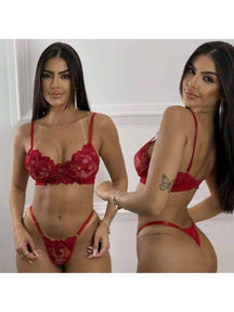 Lingerie conjunto tule bordado calcinha fio sem bojo com aro