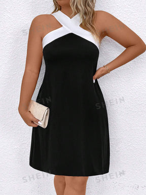 Vestido fashion preto e branco de ombros abertos para mulheres Plus Size