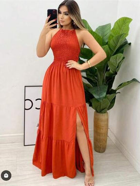 vestido longo xadrez com fenda lateral