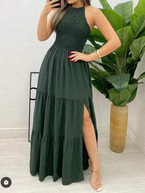 vestido longo xadrez com fenda lateral