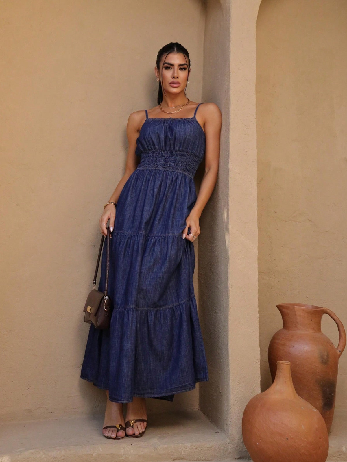 Vestido Jeans Longo De Alças finas Casual Com Lastex