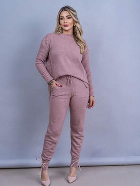 Conjunto Tricot Mousse Blusa Mullet Calça com Punho Moda Feminina Inverno