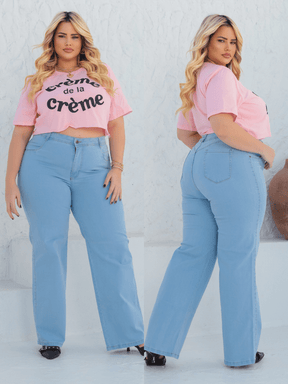 Calça Jeans Feminina Plus Size Wid Leg Cintura Alta C/ Elastano