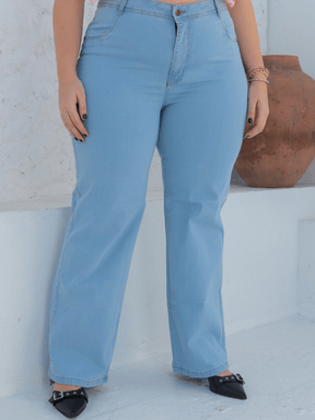 Calça Jeans Feminina Plus Size Wid Leg Cintura Alta C/ Elastano