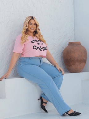 Calça Jeans Feminina Plus Size Wid Leg Cintura Alta C/ Elastano