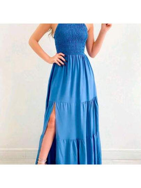 vestido longo xadrez com fenda lateral