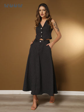 Conjunto Feminino Listras Colete Alfaiataria, Listras: Colete+saia