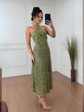 Vestido Tricot flor Midi Com forro