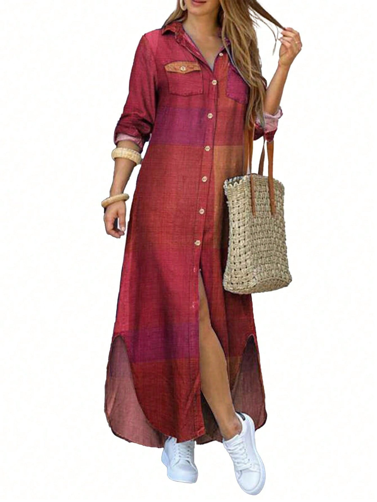 Vestido Camisa Solto Com Botão E Bolsos