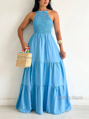 Vestido longo frente única elastek, fenda elegante