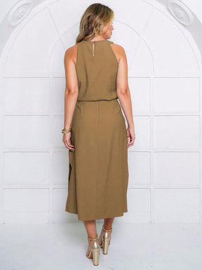 Conjunto Elegante  Blusa Regata Saia Midi em Tecido Marrant
