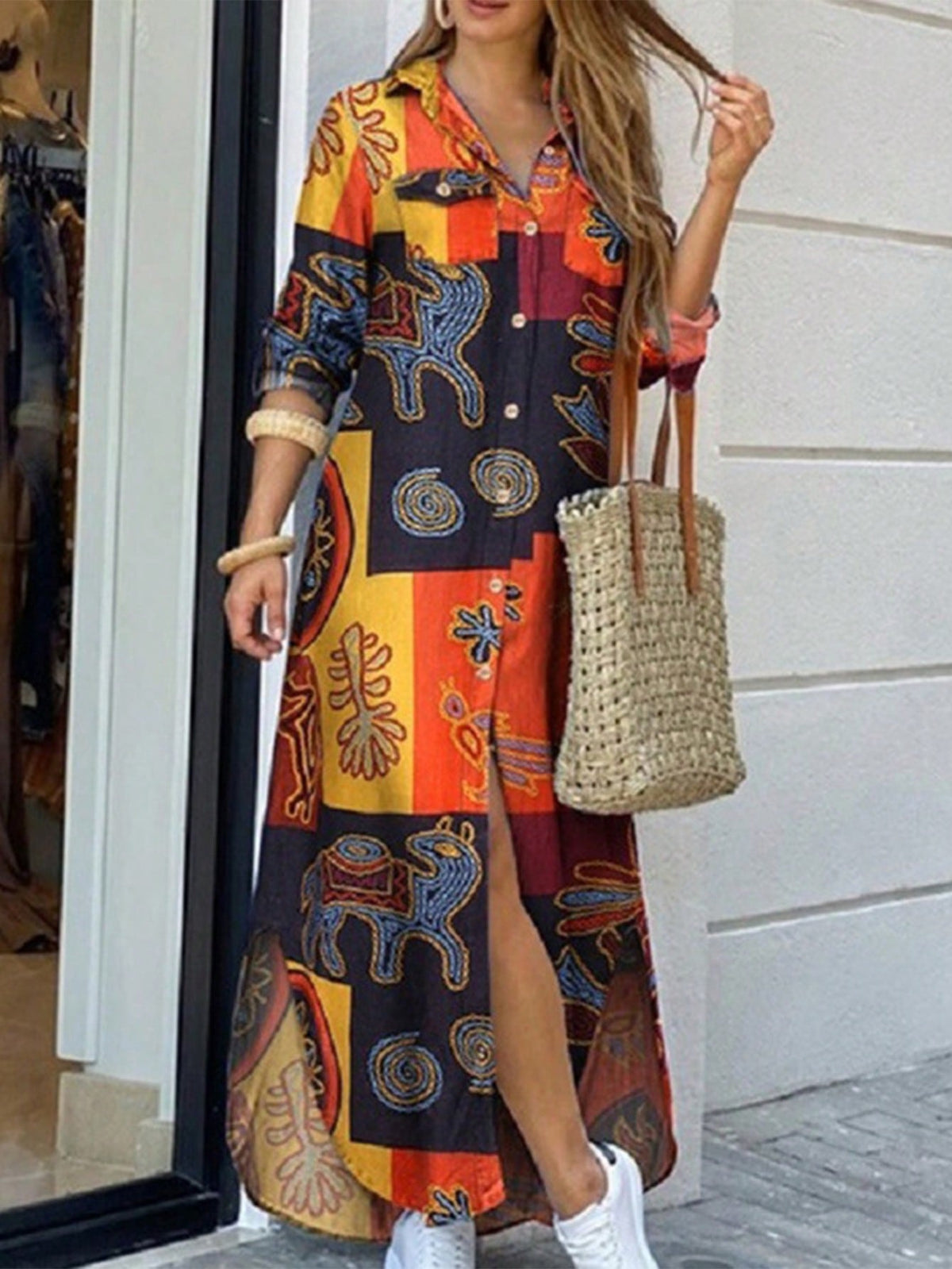 Vestido Camisa Solto Com Botão E Bolsos