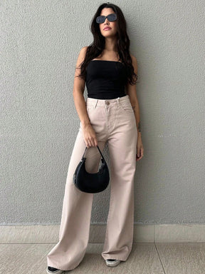Calça wide leg feminina jeans casual