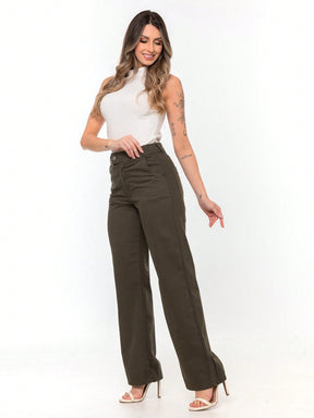 Jeans Calça Pantalona Social Cintura Alta Com bolso na frente e zíper