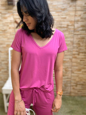 Blusa Feminina Gola V Manga Curta Básica T-shirt