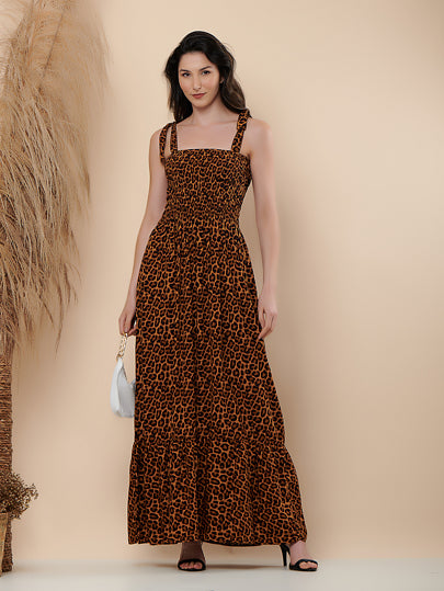 VESTIDO LONGO ALCINHA MODA VISCOSE COM LATEX ANIMAL PRINT